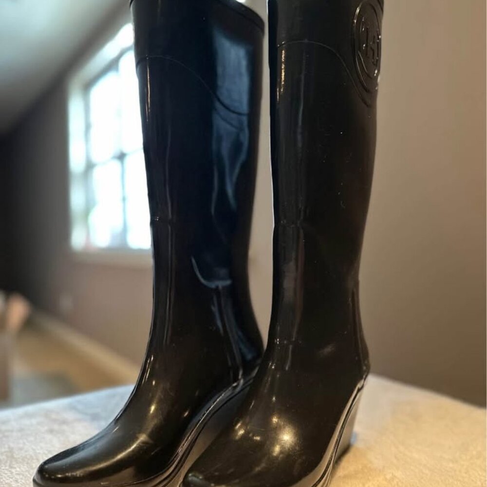 Tall Black Hunter Boots with Wedge Heel, Size 5